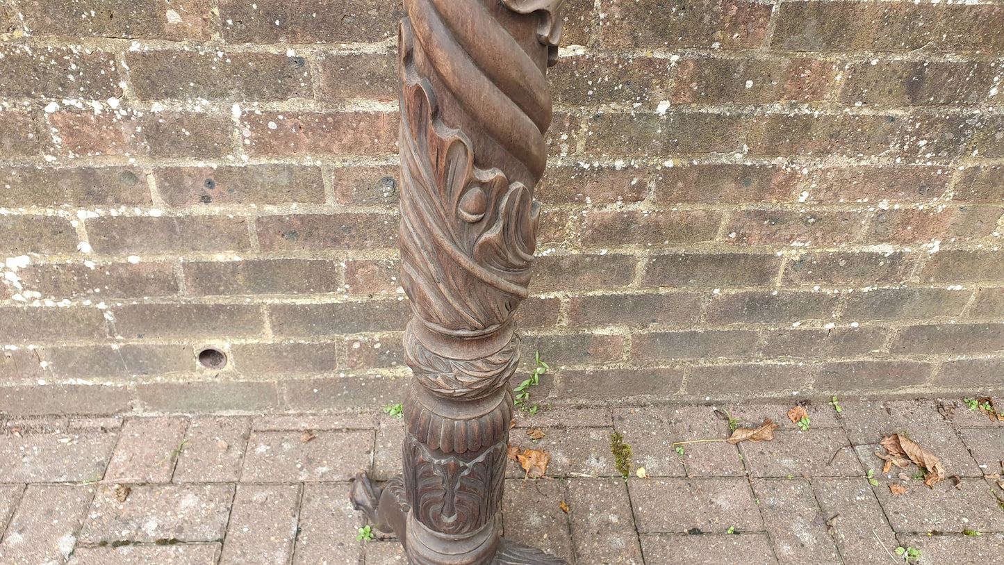 Beautiful Vintage Tall Carved Mahogany Torchere / Plant Stand On Tripod Legs Acorn Decoration