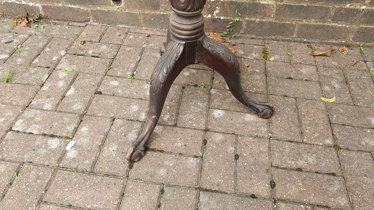 Beautiful Vintage Tall Carved Mahogany Torchere / Plant Stand On Tripod Legs Acorn Decoration