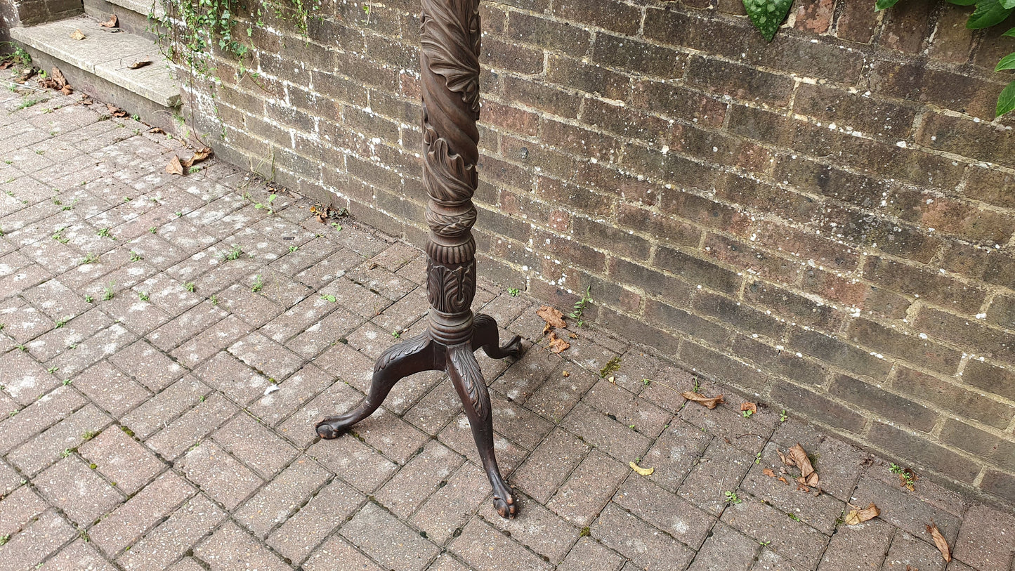 Beautiful Vintage Tall Carved Mahogany Torchere / Plant Stand On Tripod Legs Acorn Decoration