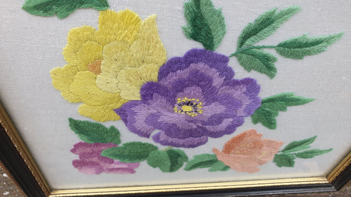 Gorgeous Vintage Oriental Embroidery Picture Flower Floral Butterfly Decoration Glazed Black and Gold Frame.