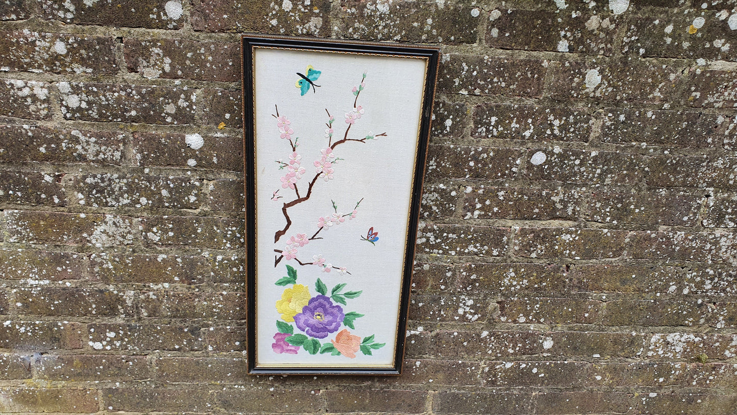 Gorgeous Vintage Oriental Embroidery Picture Flower Floral Butterfly Decoration Glazed Black and Gold Frame.