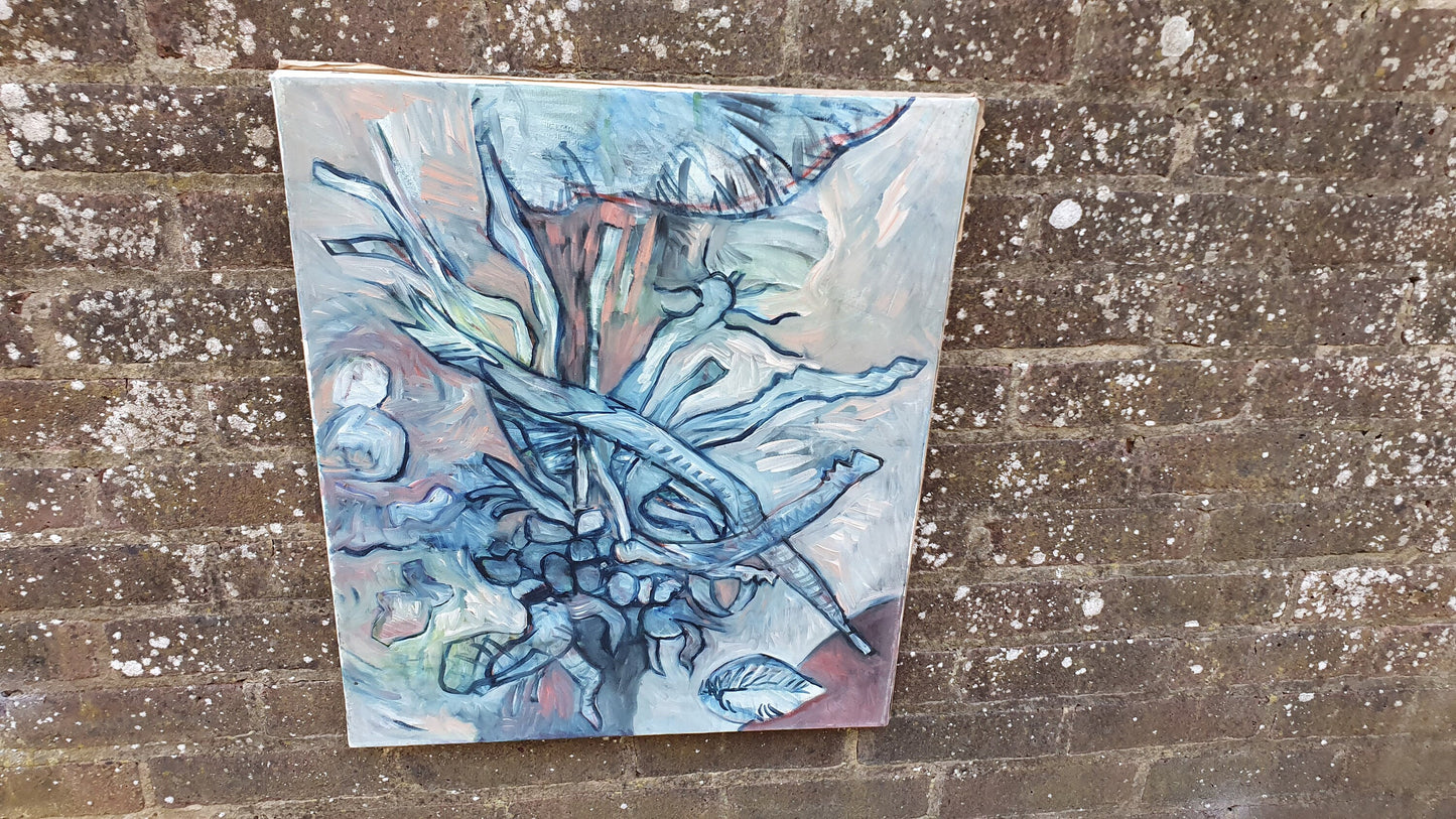 Quirky Vintage Abstract Oil Painting on Canvas Plants