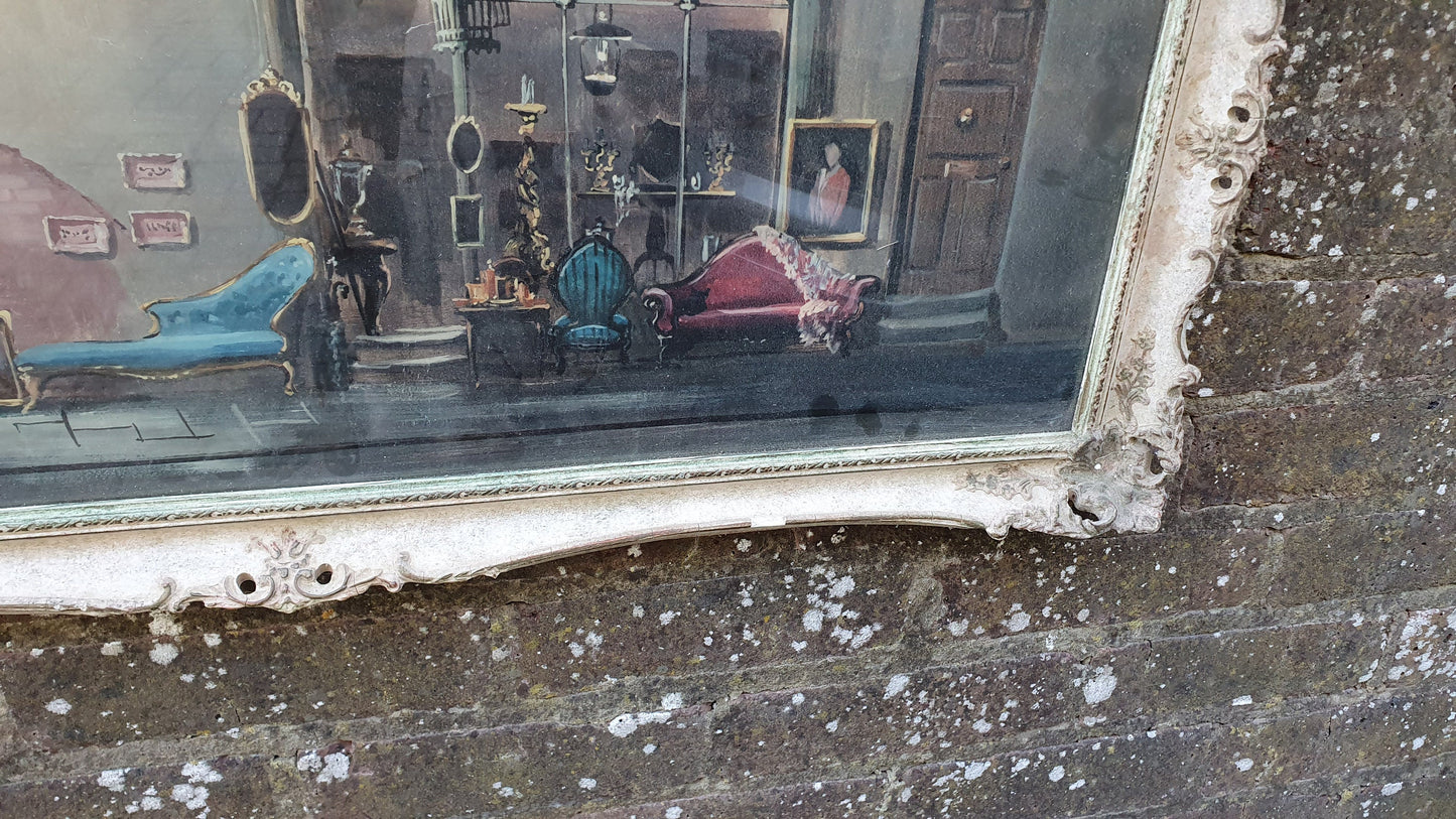 Wonderful Vintage ‘Antique Shop. Print in Swept Painted Frame.by Deborah Jones 85 x 40 cm