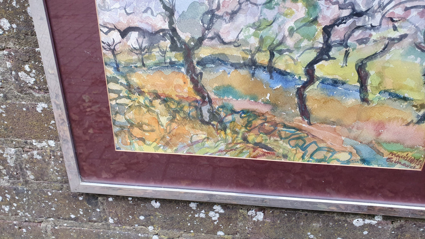 Vintage Abstract Original Watercolour Outback Trees and Creek Mavis Wilson Australia.