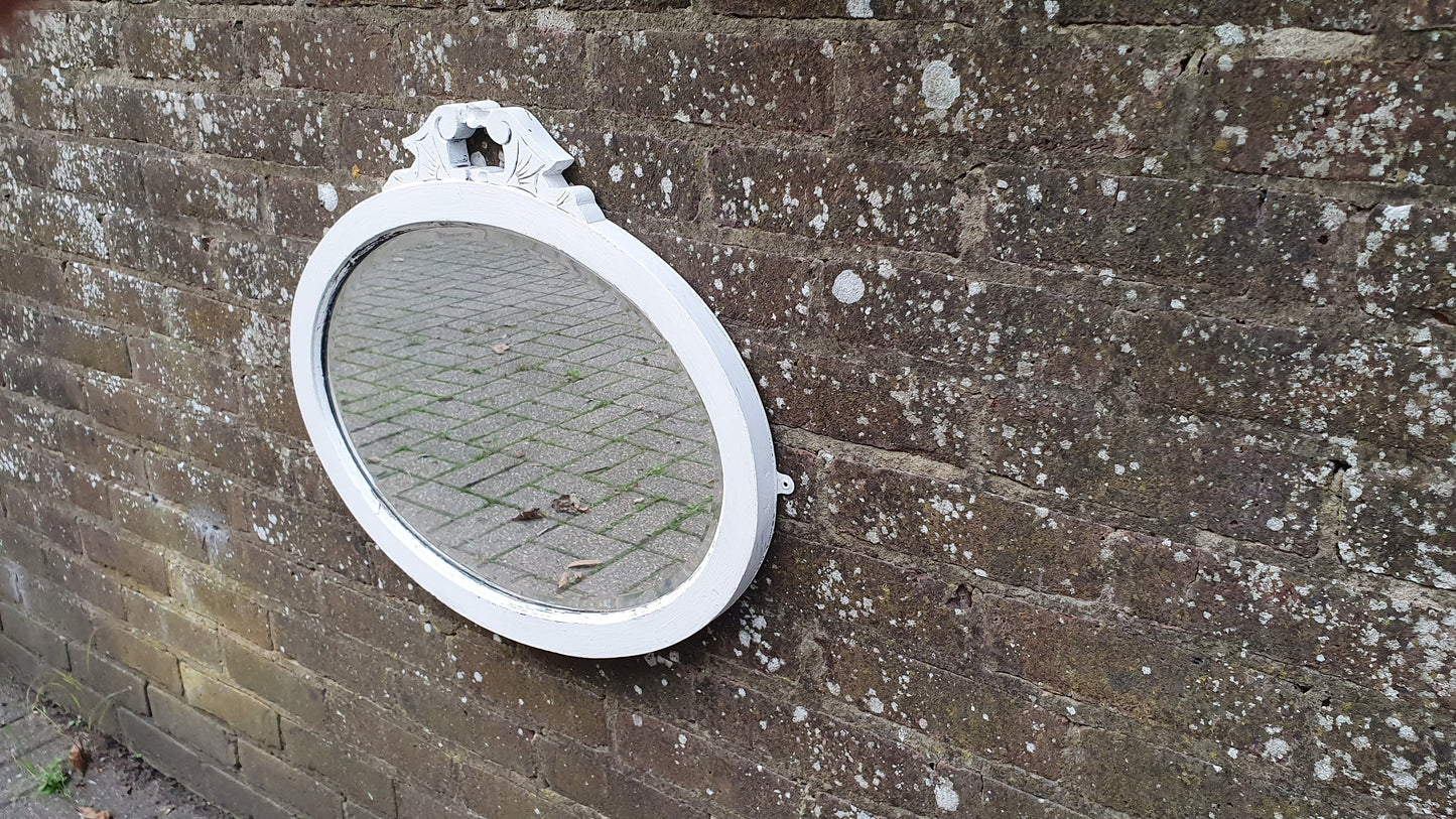 Vintage Painted Oval Wall Mirror in Farrow and Ball Wimborne White Bespoke Hand Painted Decorated Top