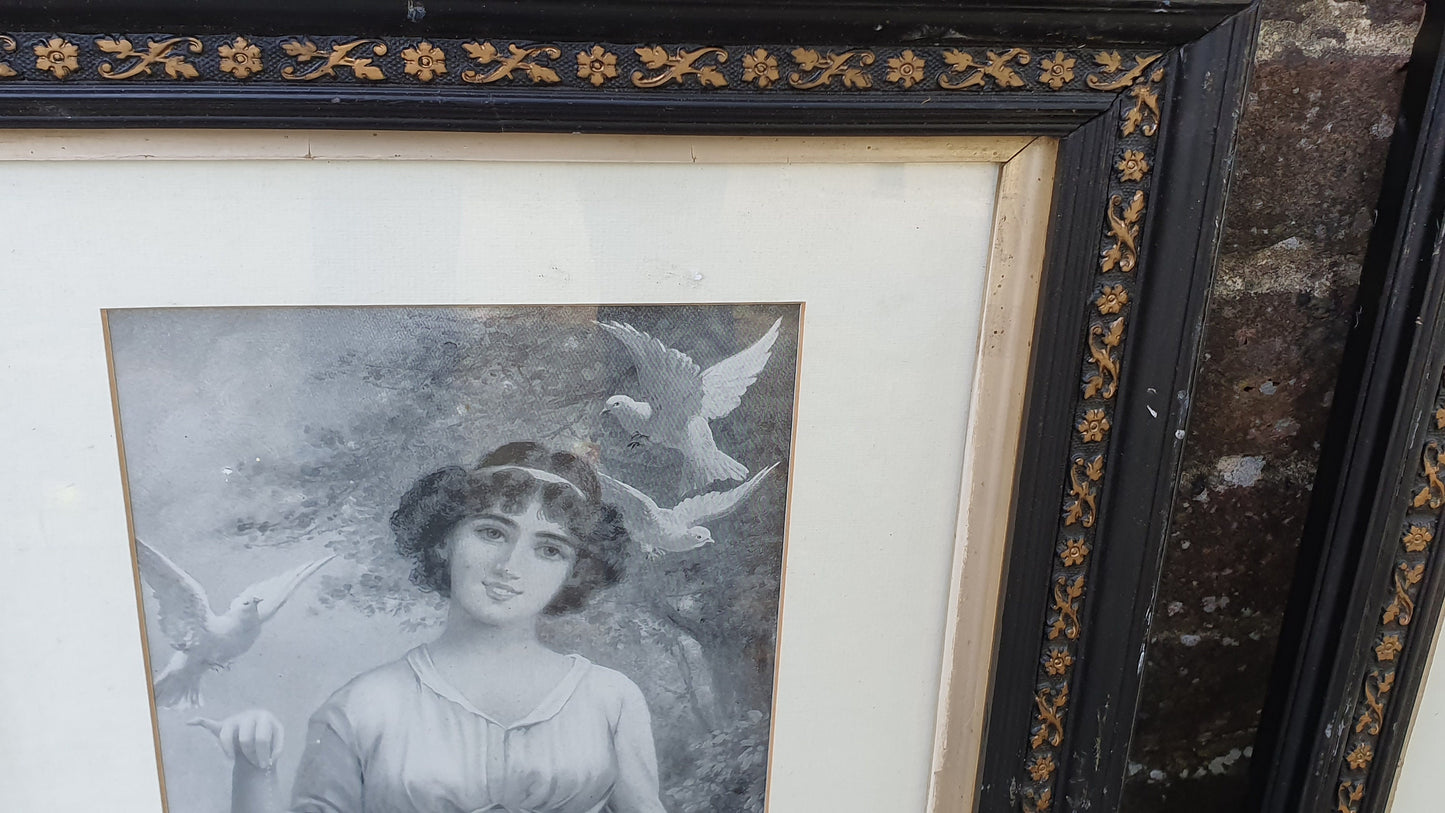 Pair of Vintage Early 20th Century Prints Wounded Dove and Labor of Love Pretty Lady With Doves Print