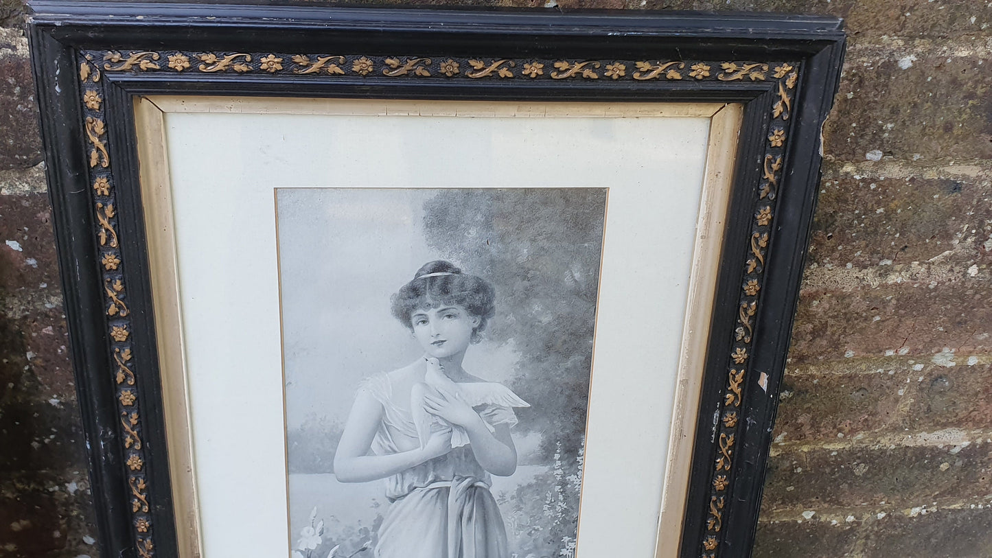 Pair of Vintage Early 20th Century Prints Wounded Dove and Labor of Love Pretty Lady With Doves Print