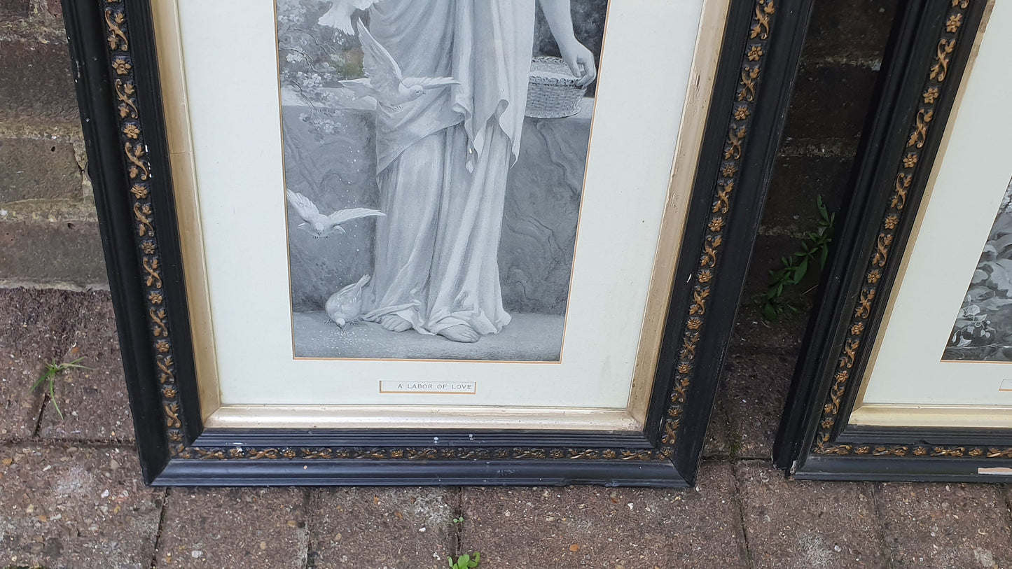 Pair of Vintage Early 20th Century Prints Wounded Dove and Labor of Love Pretty Lady With Doves Print