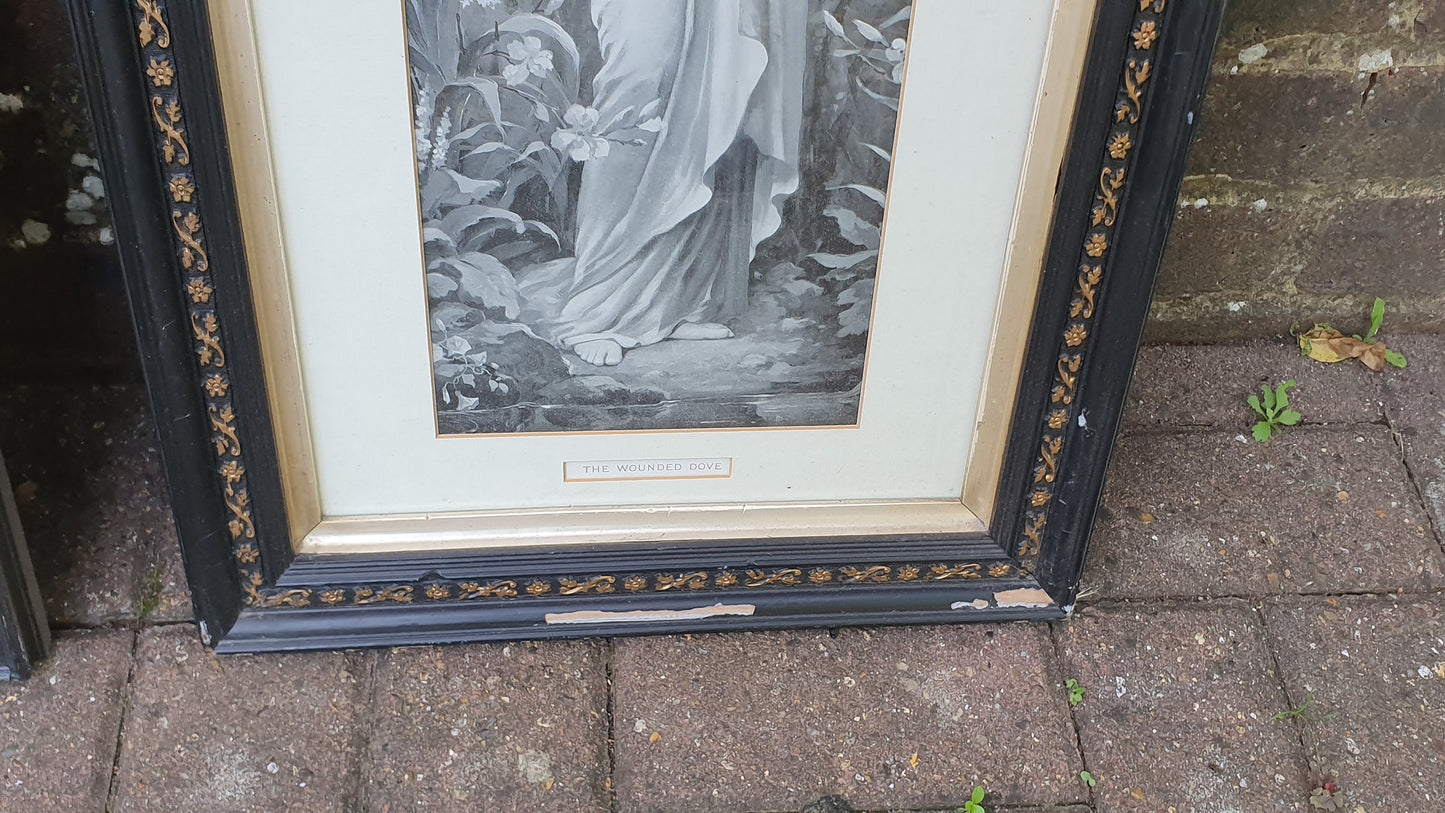 Pair of Vintage Early 20th Century Prints Wounded Dove and Labor of Love Pretty Lady With Doves Print
