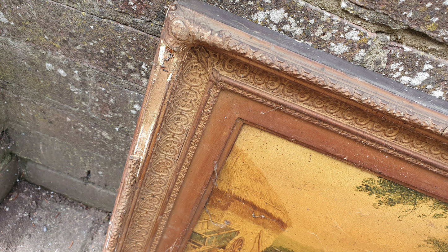 Large Magnificent Pair Rural Farm scenes on Canvas in gorgeous wooden frames - c1900 masterpieces? Cow Farm
