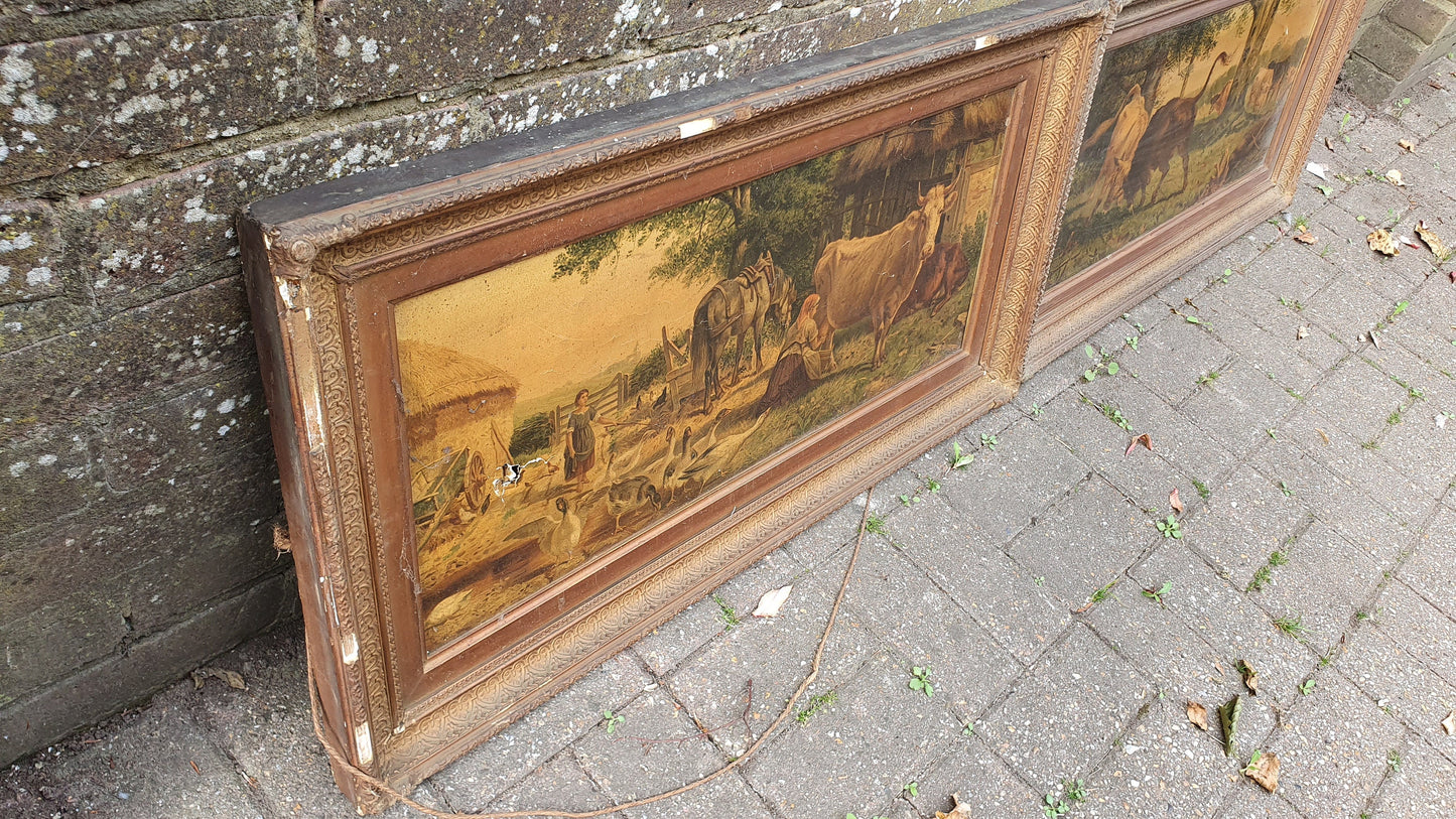Large Magnificent Pair Rural Farm scenes on Canvas in gorgeous wooden frames - c1900 masterpieces? Cow Farm