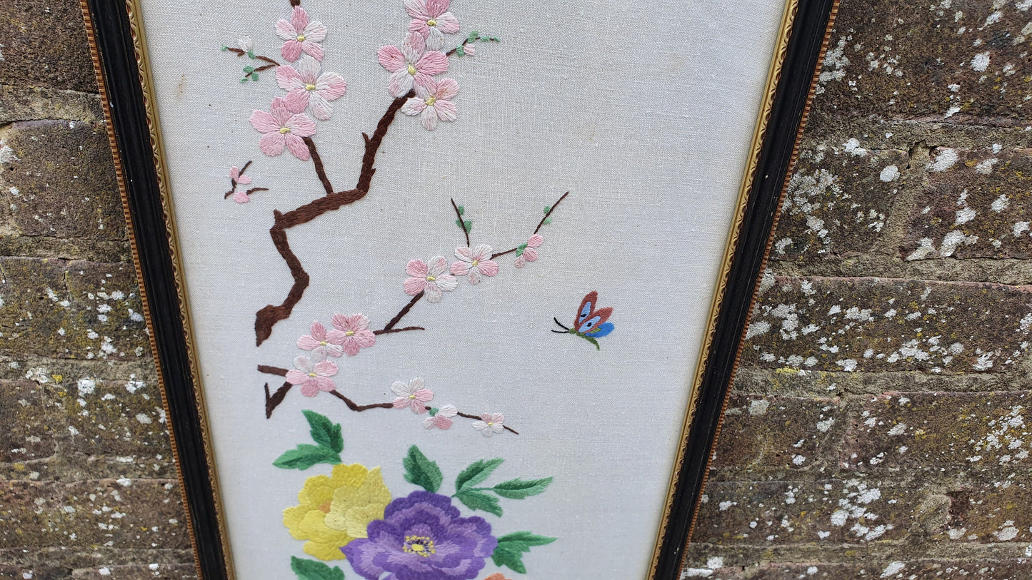 Gorgeous Vintage Oriental Embroidery Picture Flower Floral Butterfly Decoration Glazed Black and Gold Frame.