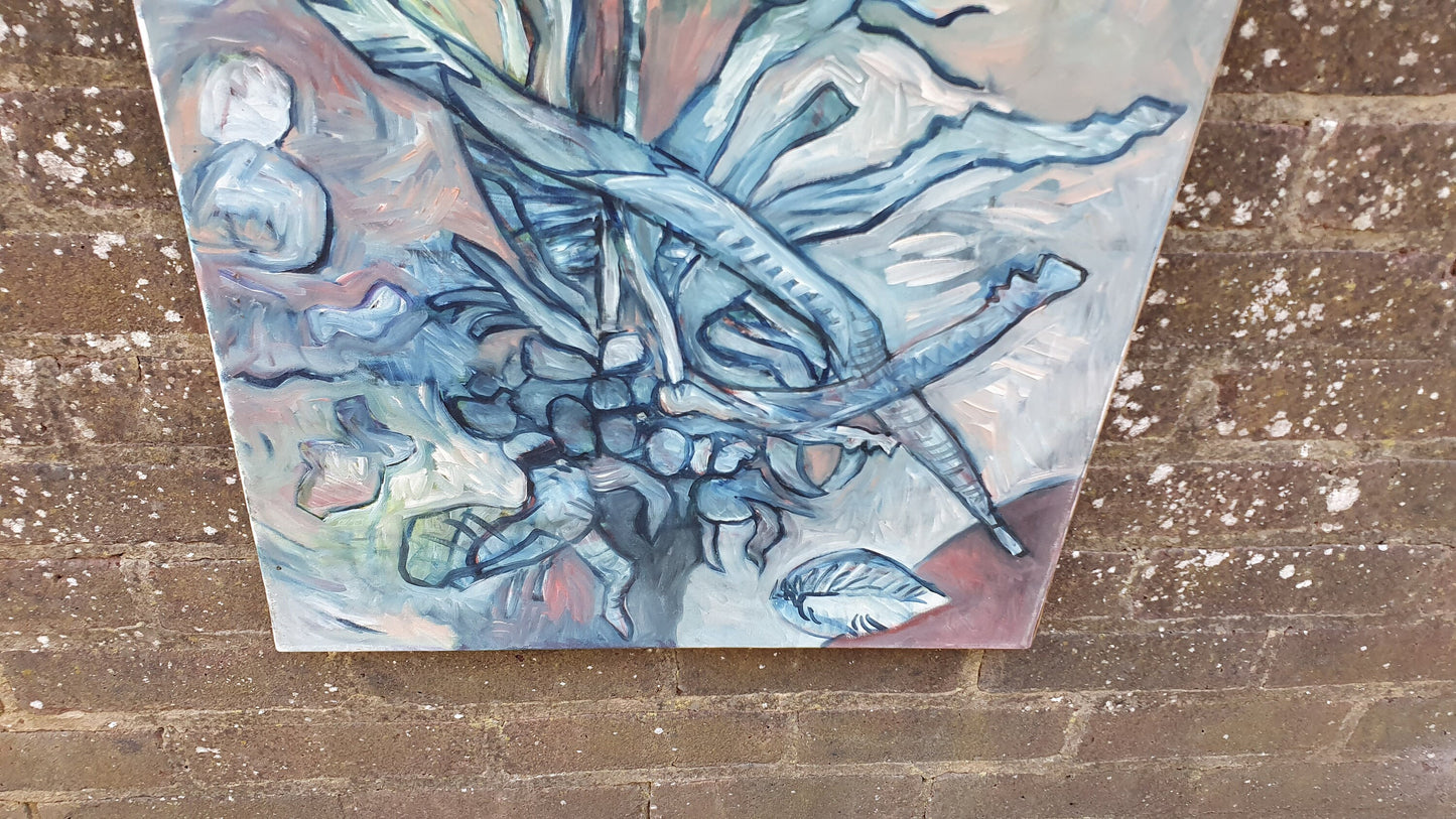 Quirky Vintage Abstract Oil Painting on Canvas Plants