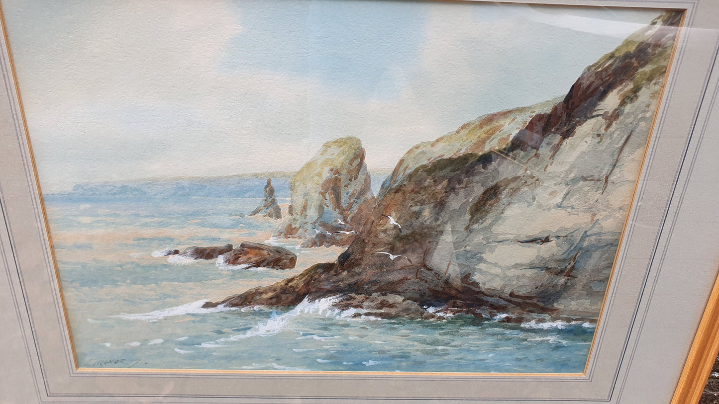 Large Vintage Original Watercolour Rocks and Waves Seascape Seagulls Climb From The Waves by S Trevor Air B’n’B Decor