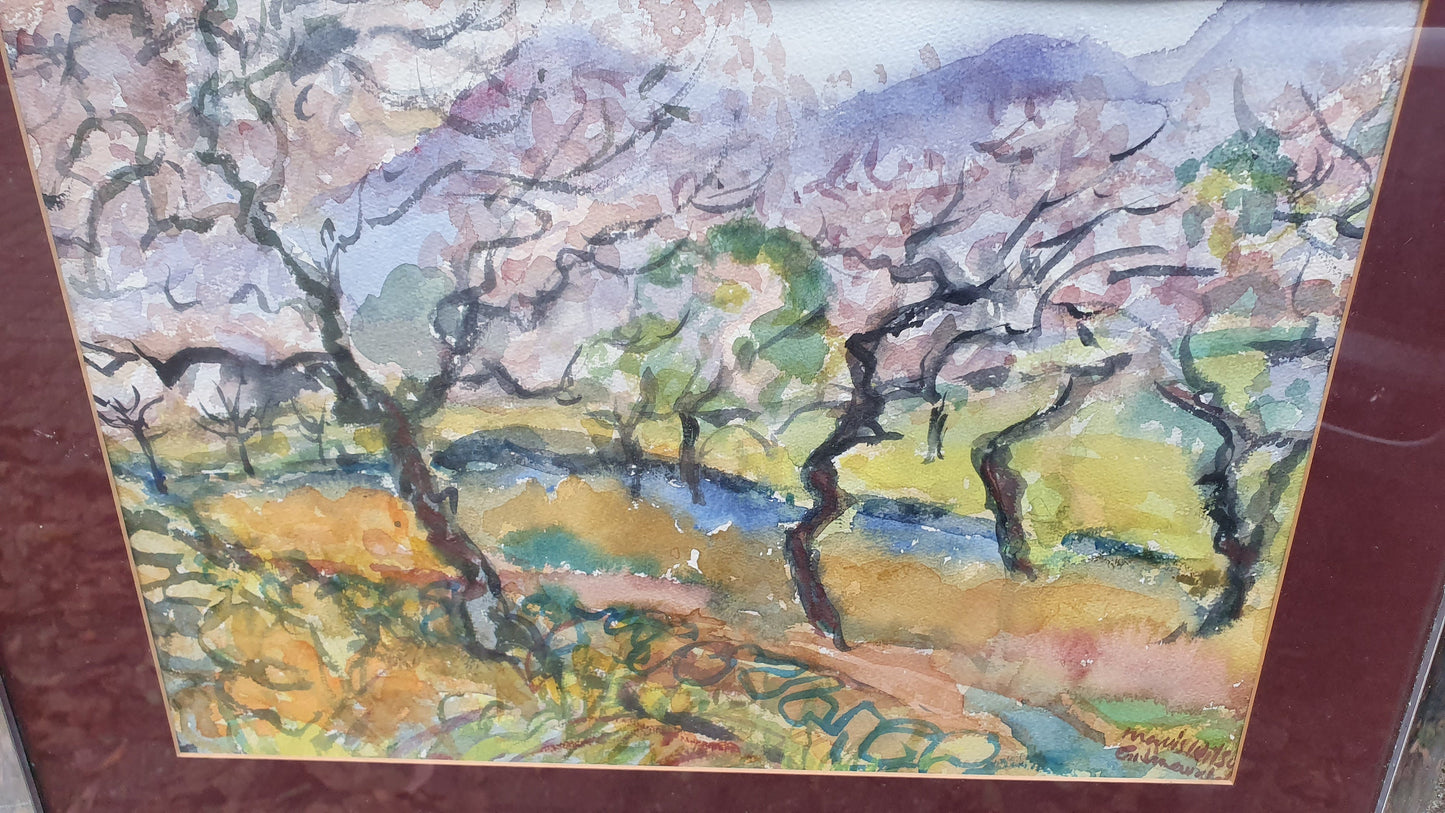 Vintage Abstract Original Watercolour Outback Trees and Creek Mavis Wilson Australia.