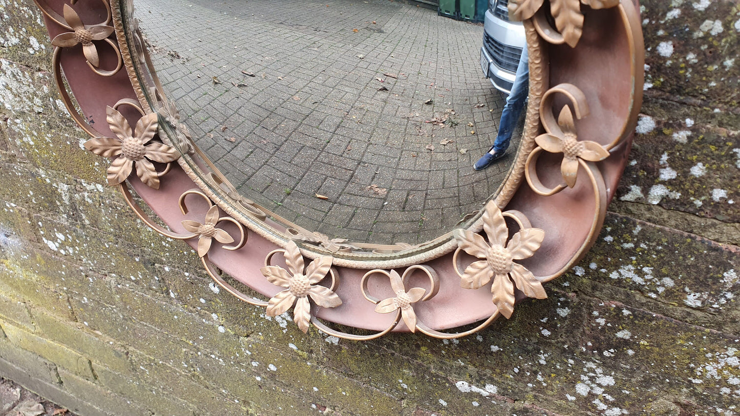 Vintage Retro Metal Red Pink Brown and Gold Convex Wall Mirror