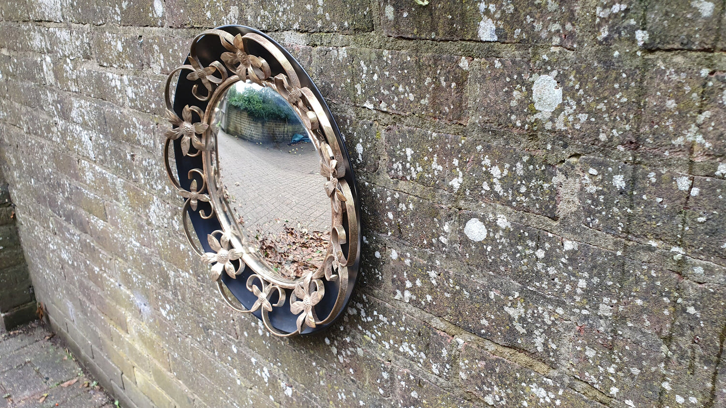 Vintage Retro Metal Black and Gold Convex Wall Mirror