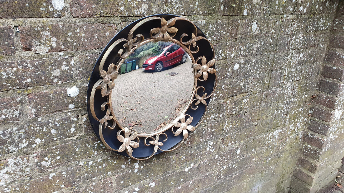 Vintage Retro Metal Black and Gold Convex Wall Mirror