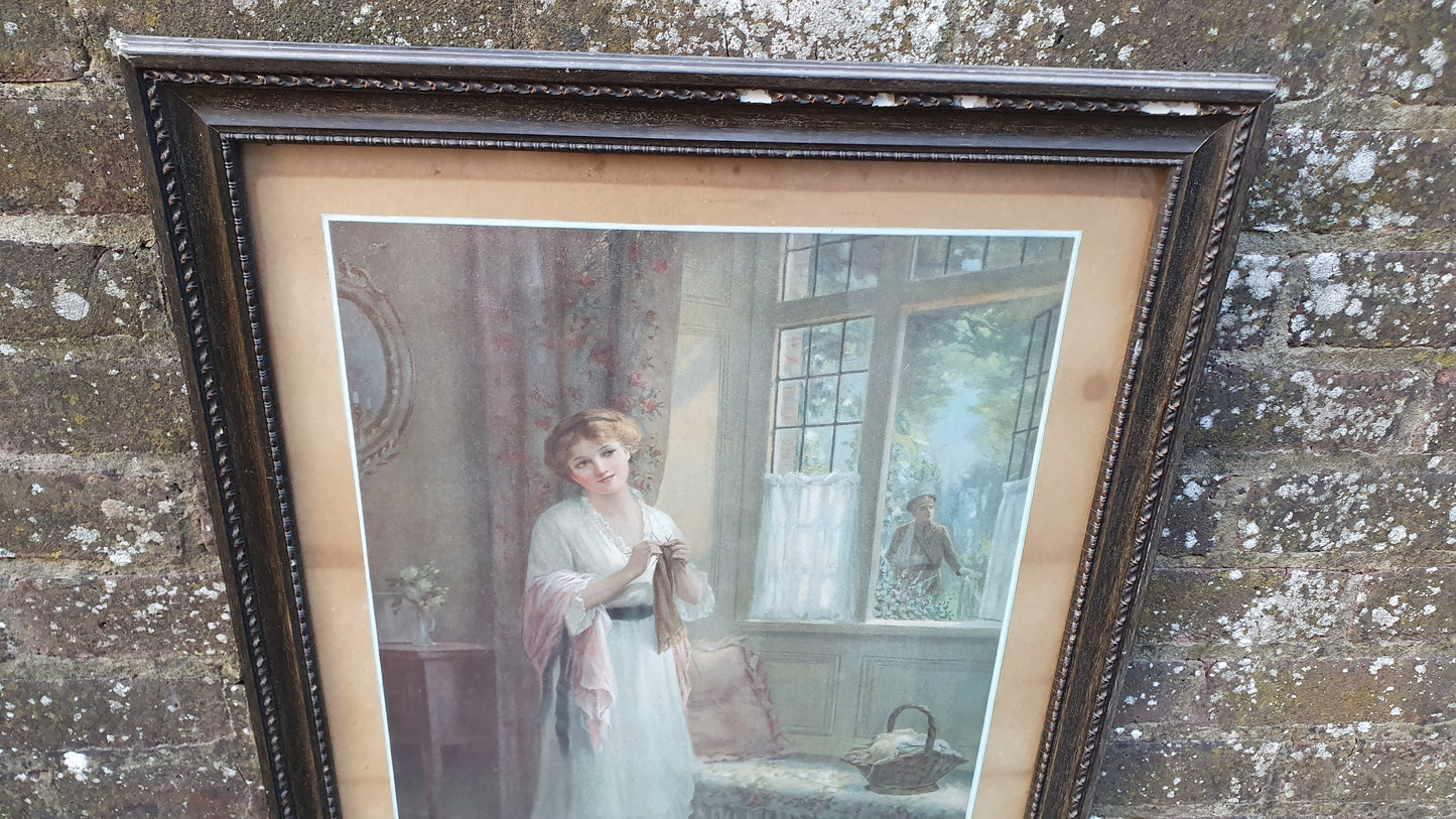 Large WW1 Vintage Print ‘Home Sweet Home Gatland Bros East Grinstead Lady Crochet Knitting 79 x 59 cm