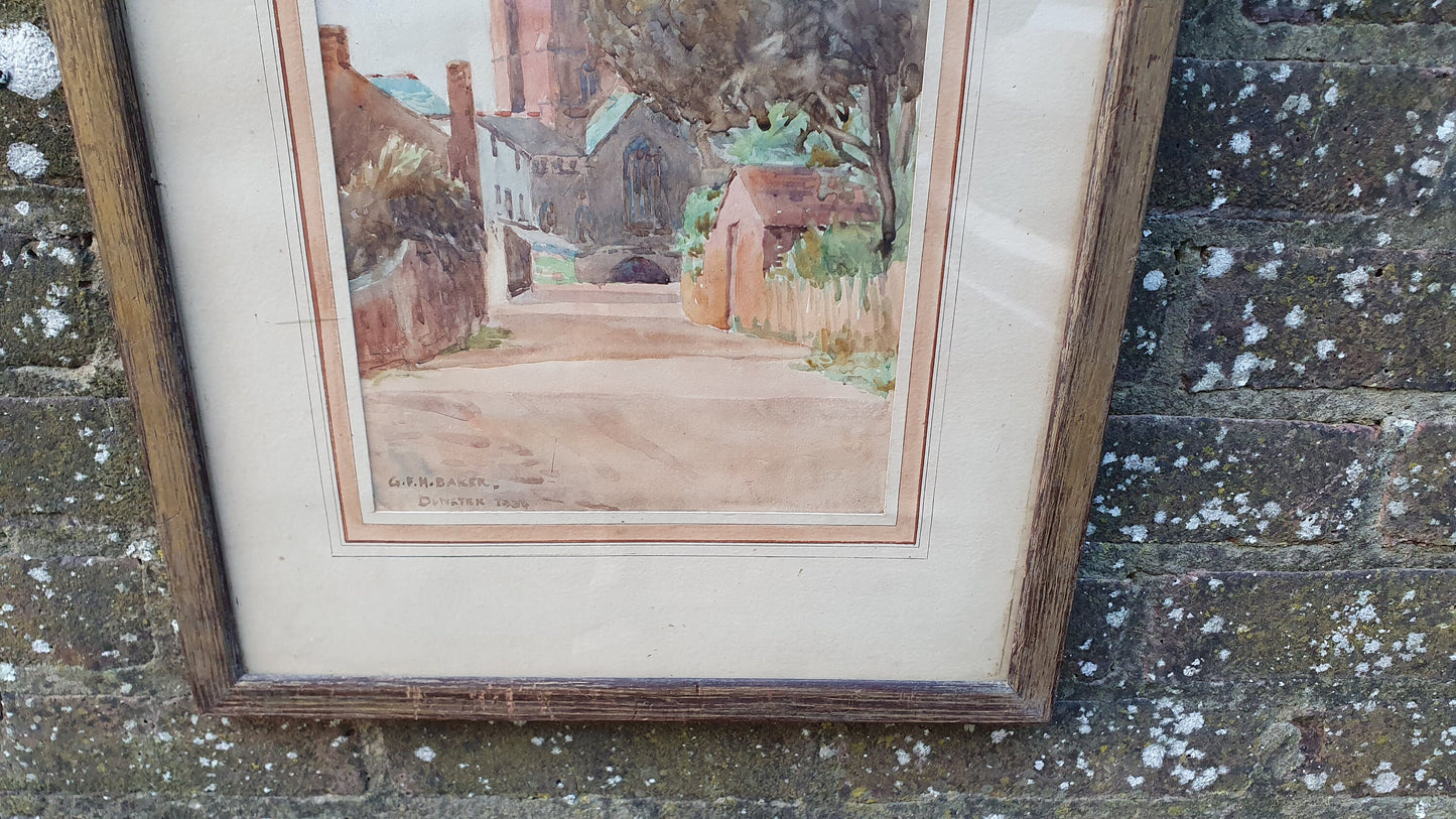 1930s vintage original watercolour of St George CoE church in Dunster Somerset