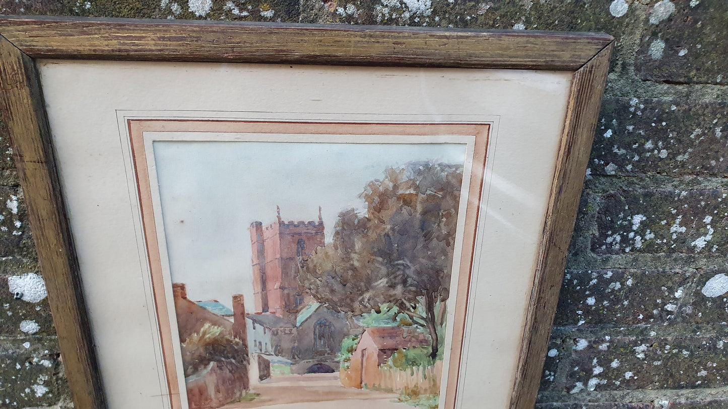 1930s vintage original watercolour of St George CoE church in Dunster Somerset