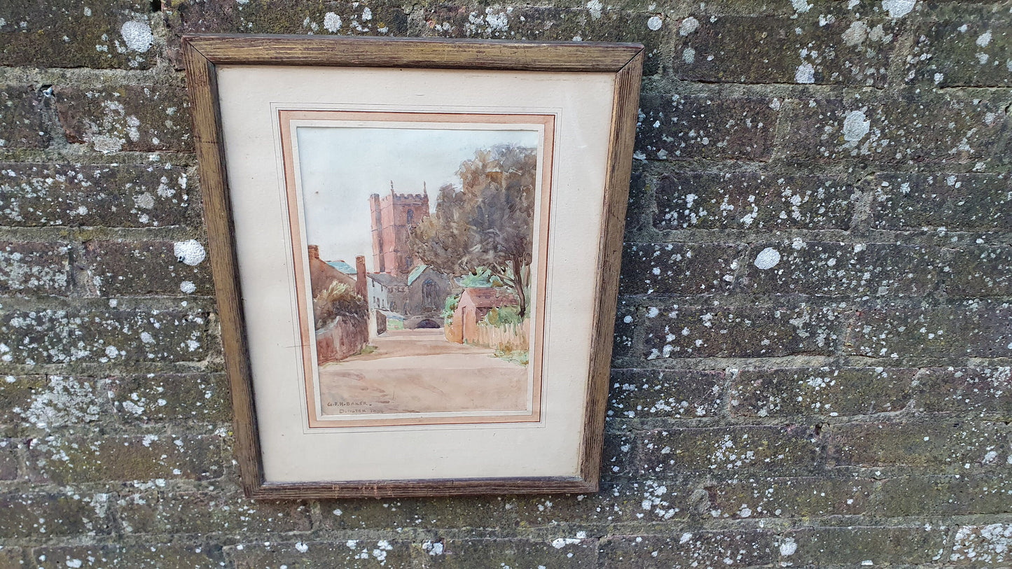 1930s vintage original watercolour of St George CoE church in Dunster Somerset