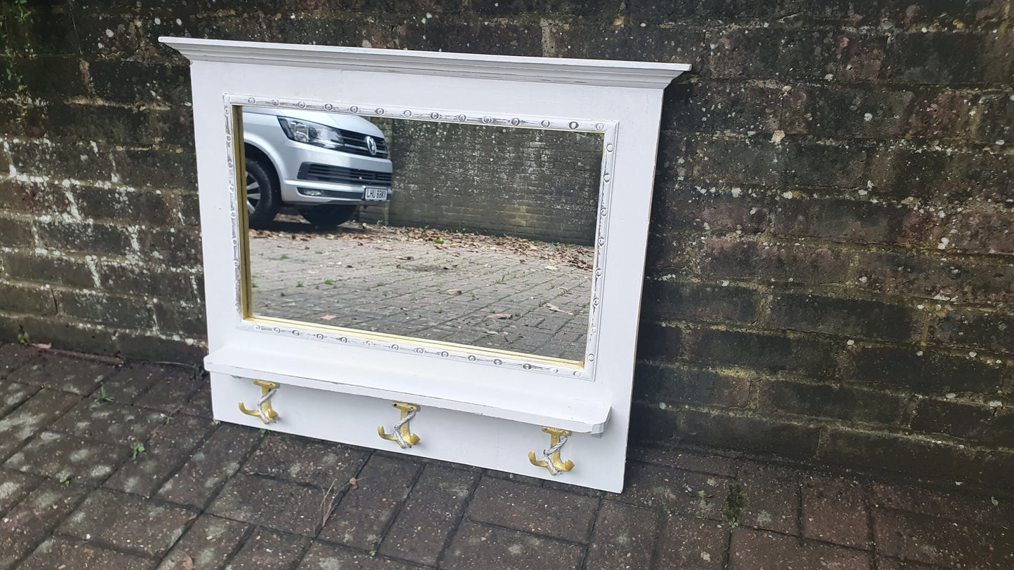 Vintage Mirror with Anchor Hooks in Farrow and Ball in ‘Ammonite’ Light Grey with Gold Highlights Hand Painted Bespoke Unique