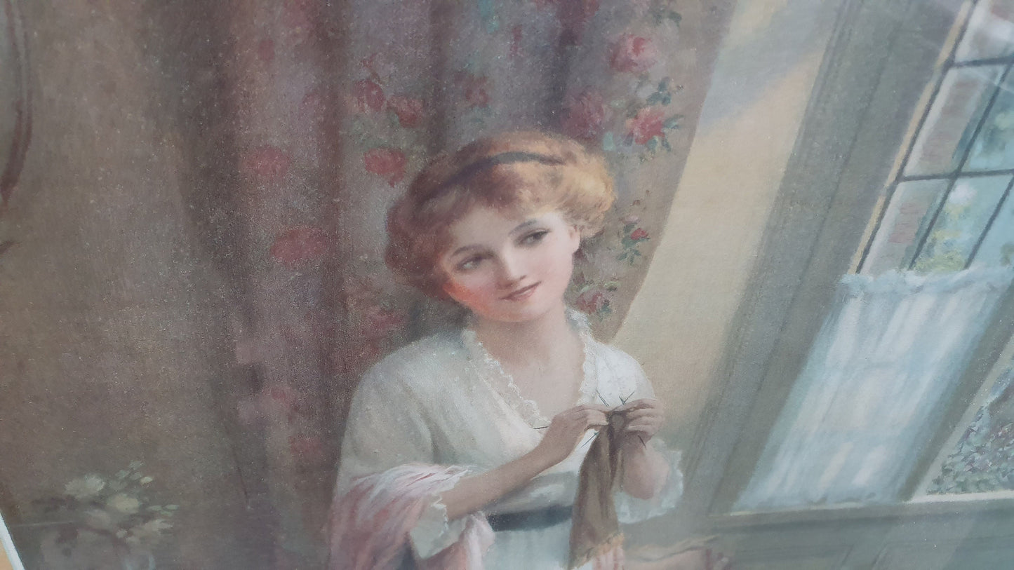 Large WW1 Vintage Print ‘Home Sweet Home Gatland Bros East Grinstead Lady Crochet Knitting 79 x 59 cm