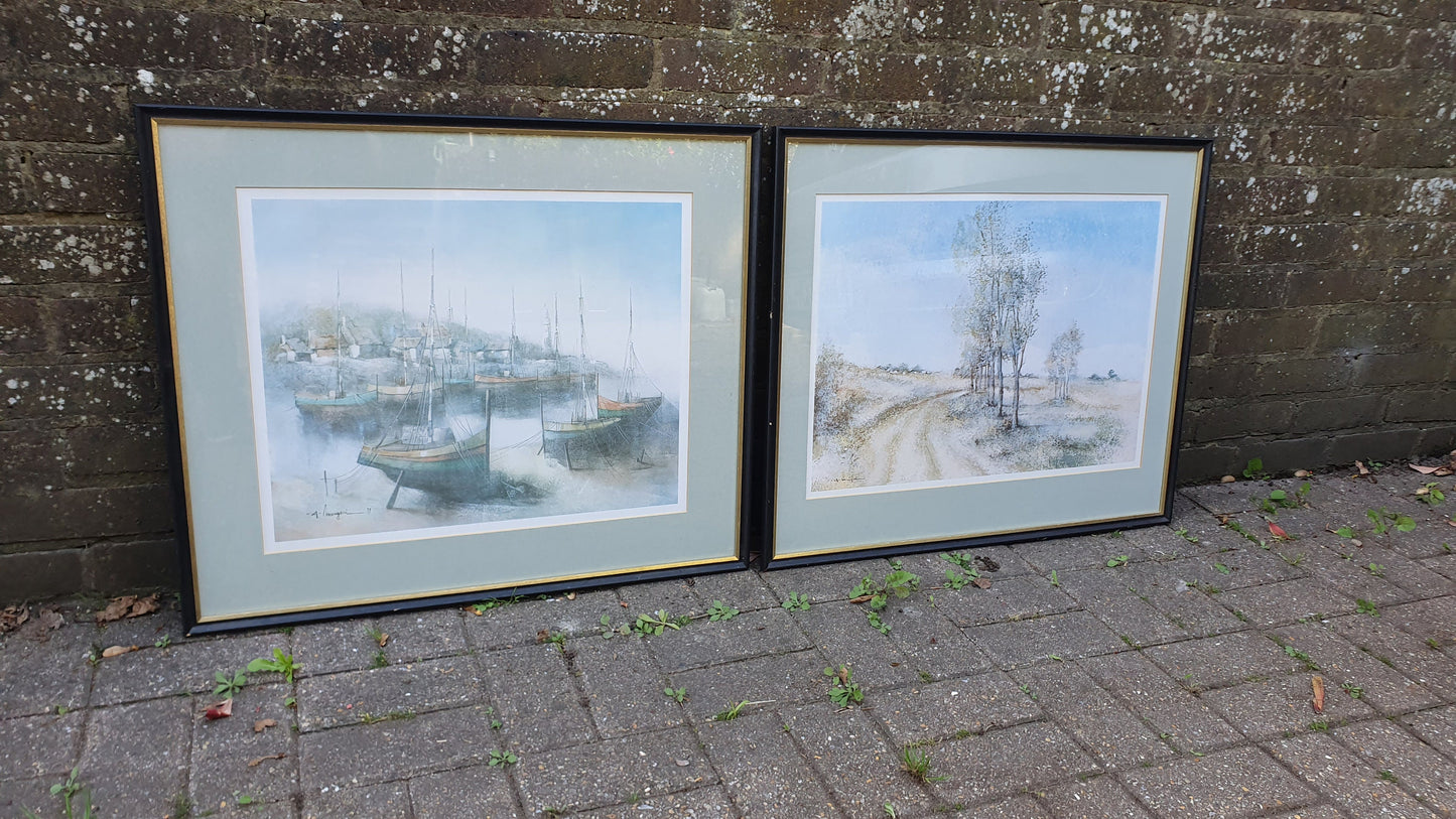 Pair of Huge 90’s Wooden Picture Frames and Mounts with Still Life Watercolour Prints. A Mangeri. Land and Sea 71 x 60 cm