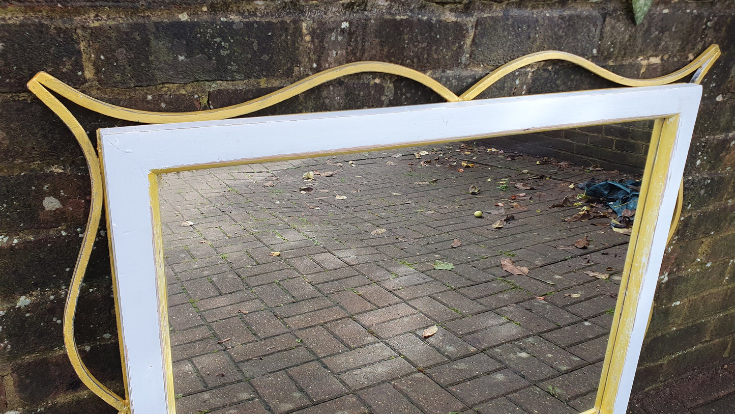 Huge Vintage Painted Metal and Gold Wall Over Mantel Mirror in Farrow and Ball Duck Egg Blue gold Highlights.