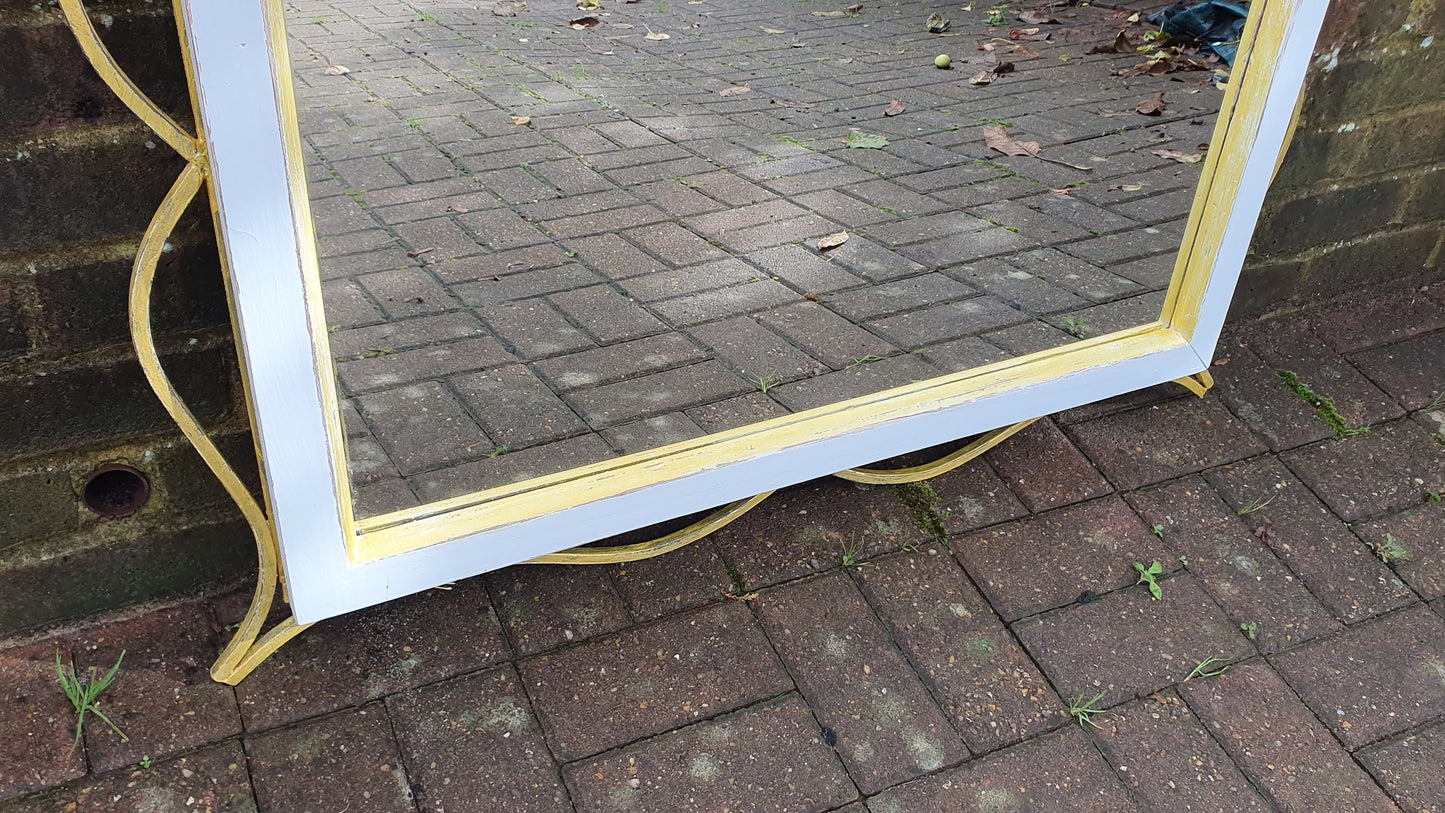 Huge Vintage Painted Metal and Gold Wall Over Mantel Mirror in Farrow and Ball Duck Egg Blue gold Highlights.