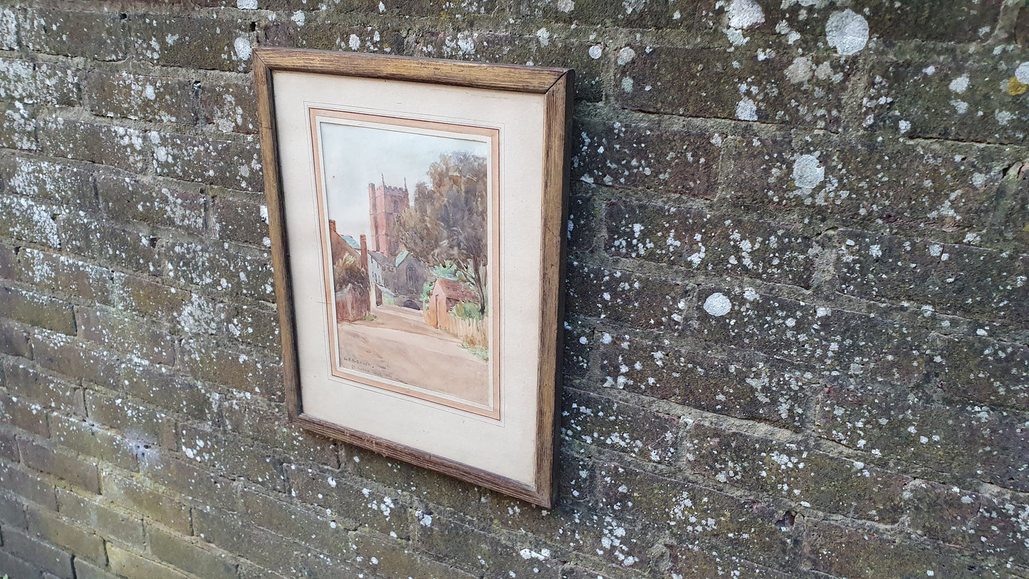 1930s vintage original watercolour of St George CoE church in Dunster Somerset