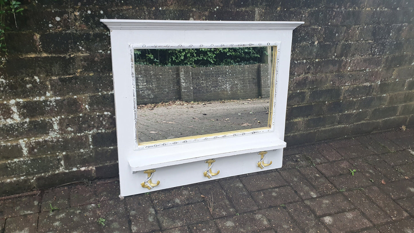 Vintage Mirror with Anchor Hooks in Farrow and Ball in ‘Ammonite’ Light Grey with Gold Highlights Hand Painted Bespoke Unique