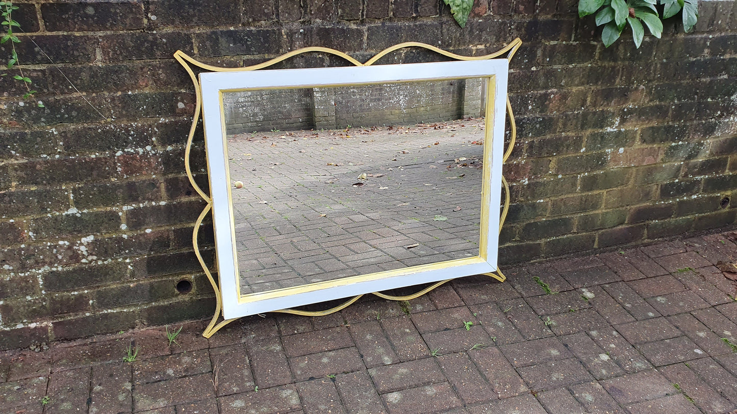 Huge Vintage Painted Metal and Gold Wall Over Mantel Mirror in Farrow and Ball Duck Egg Blue gold Highlights.