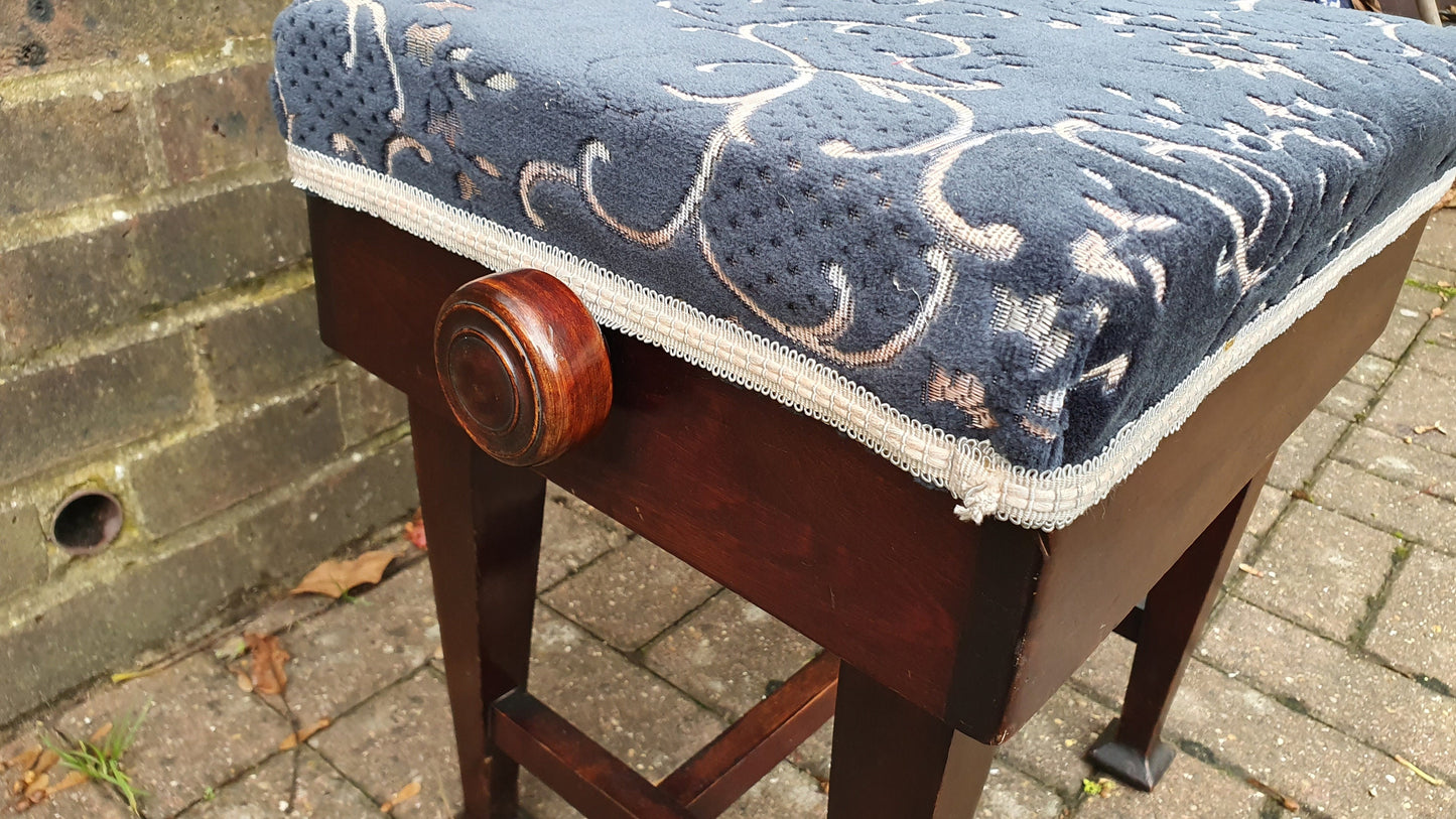 Stunning Vintage Newly Upholstered Edwardian Piano Stool Adjustable Height.
