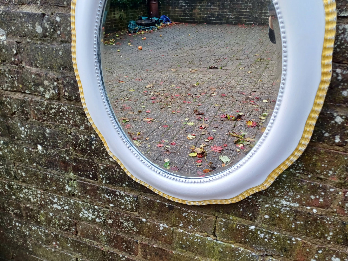 Vintage Painted Bespoke Wall Mirror in Farrow and Ball Wimborne White Gold Highlights.