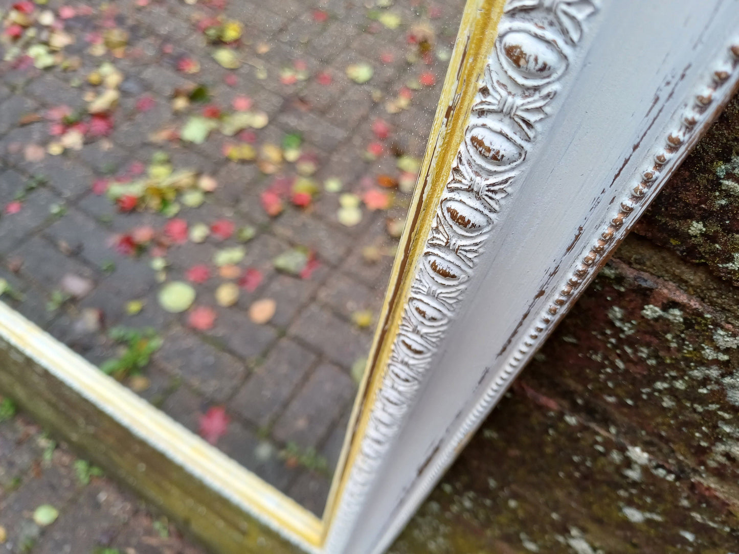 Vintage Painted Bespoke Wall Mirror in Farrow and Ball White Tie Gold Highlights