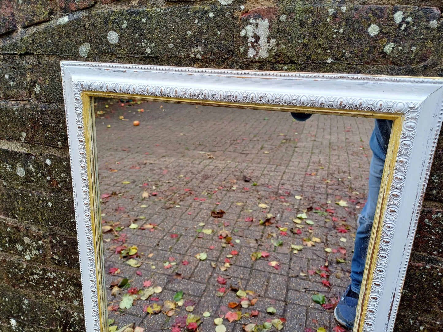 Vintage Painted Bespoke Wall Mirror in Farrow and Ball White Tie Gold Highlights