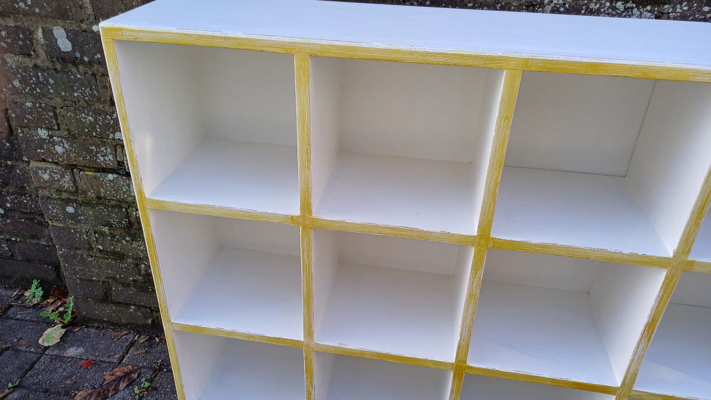Vintage Set of Large Painted Cubby Holes Shelves in Farrow and Ball Wimborne White with Gold Highlights.