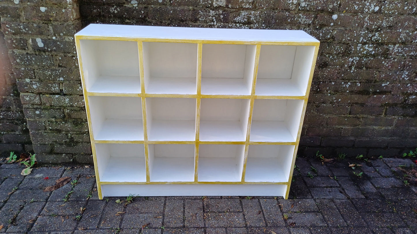 Vintage Set of Large Painted Cubby Holes Shelves in Farrow and Ball Wimborne White with Gold Highlights.