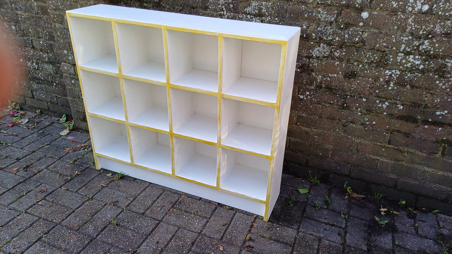 Vintage Set of Large Painted Cubby Holes Shelves in Farrow and Ball Wimborne White with Gold Highlights.
