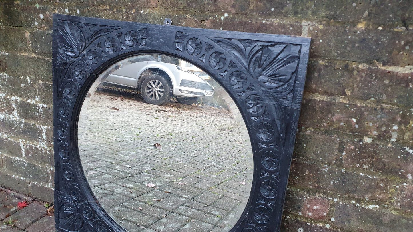 Large Vintage Very Early Oak Carved Mirror Painted Black