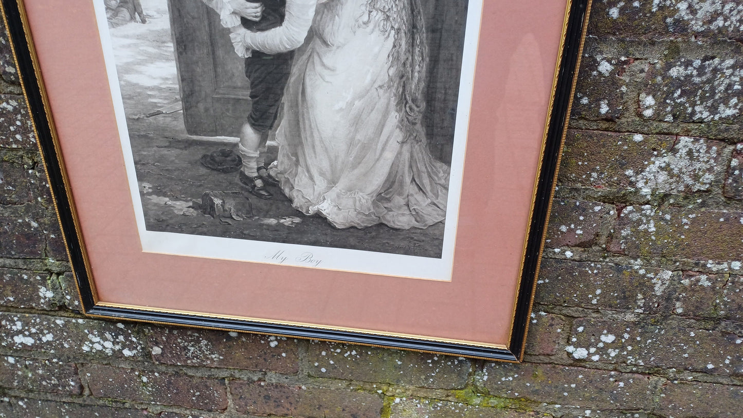 Very Large Charming Print ‘My Boy’ Mother and Boy Parting in Top Quality Frame and Mount