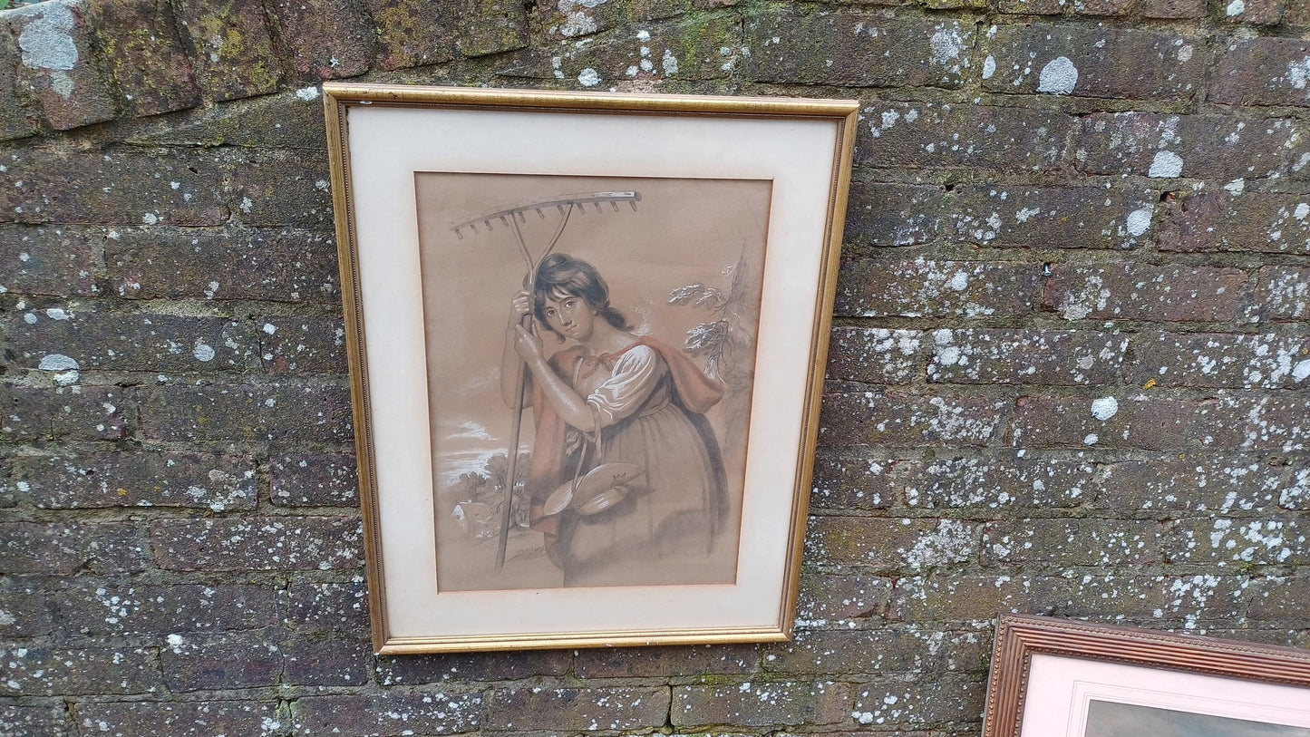 Large Vintage Hand Tinted Print Woman Gardening Jacob Thompson.