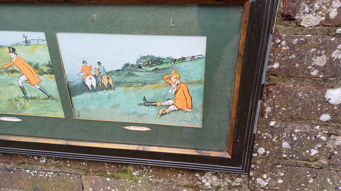 Large Trio of Vintage Cartoon Fox Hunting Gone Wrong Prints A Check A Holloa A Finish LT
