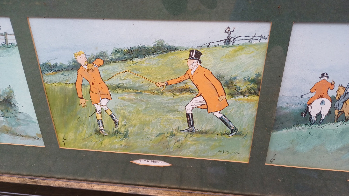 Large Trio of Vintage Cartoon Fox Hunting Gone Wrong Prints A Check A Holloa A Finish LT