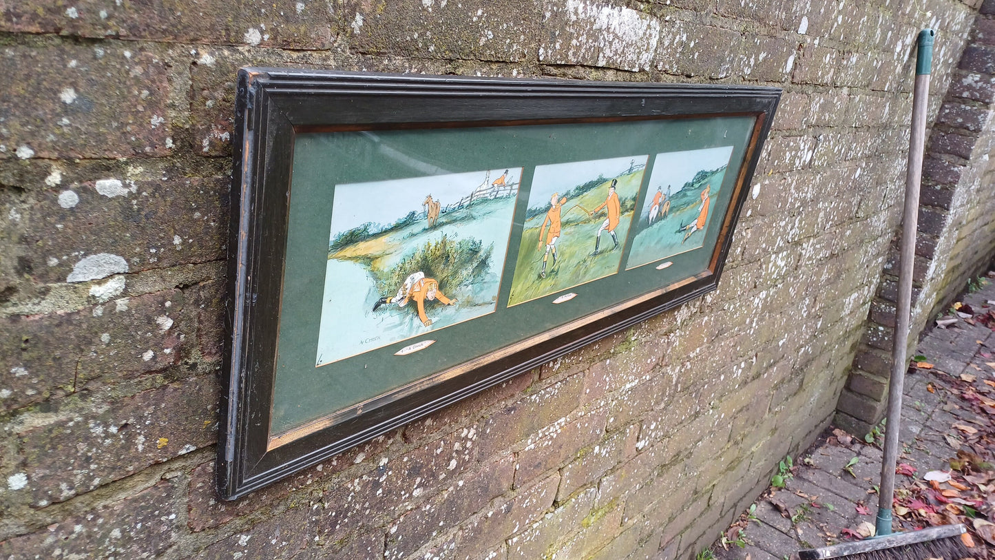 Large Trio of Vintage Cartoon Fox Hunting Gone Wrong Prints A Check A Holloa A Finish LT