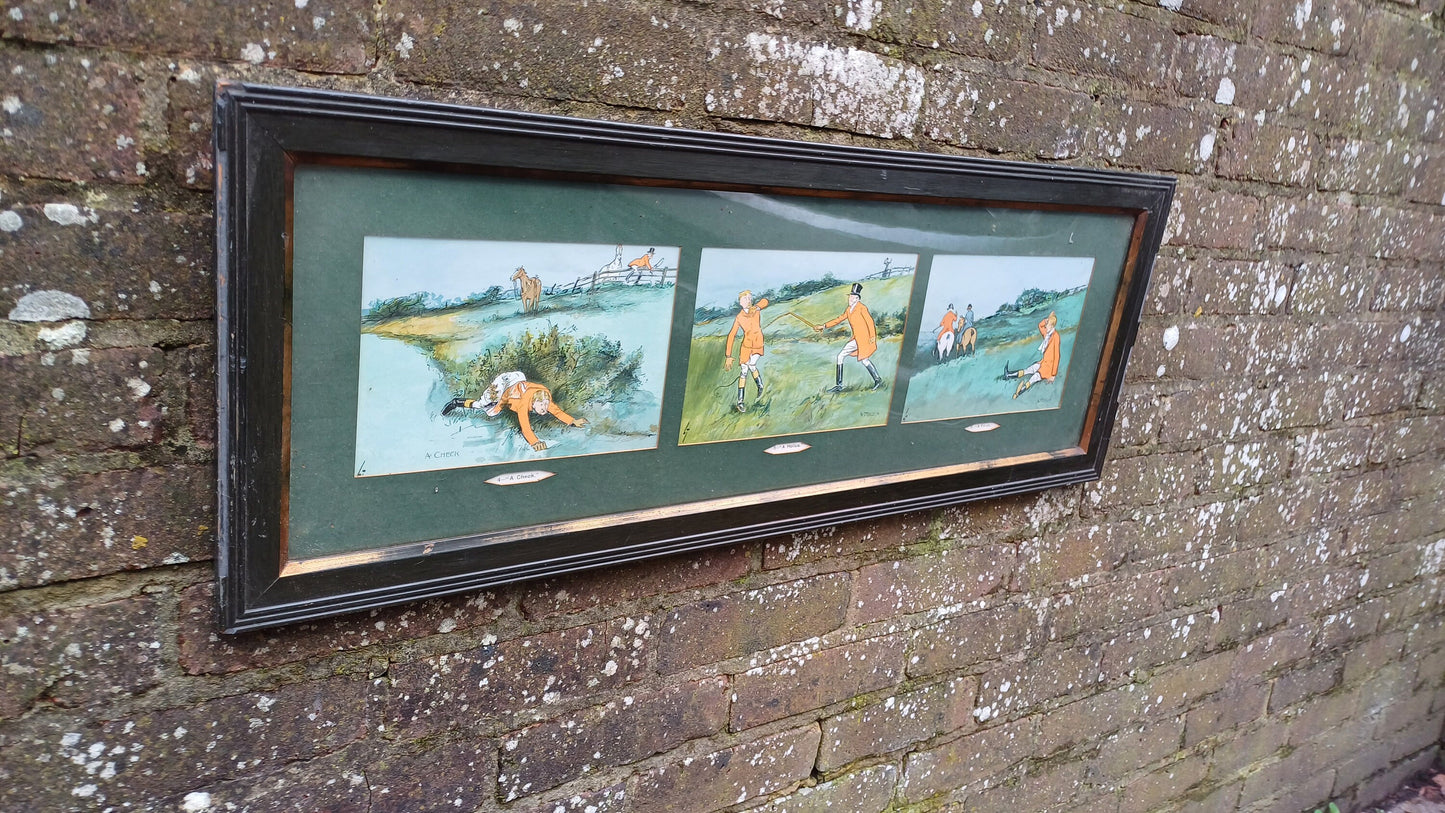 Large Trio of Vintage Cartoon Fox Hunting Gone Wrong Prints A Check A Holloa A Finish LT