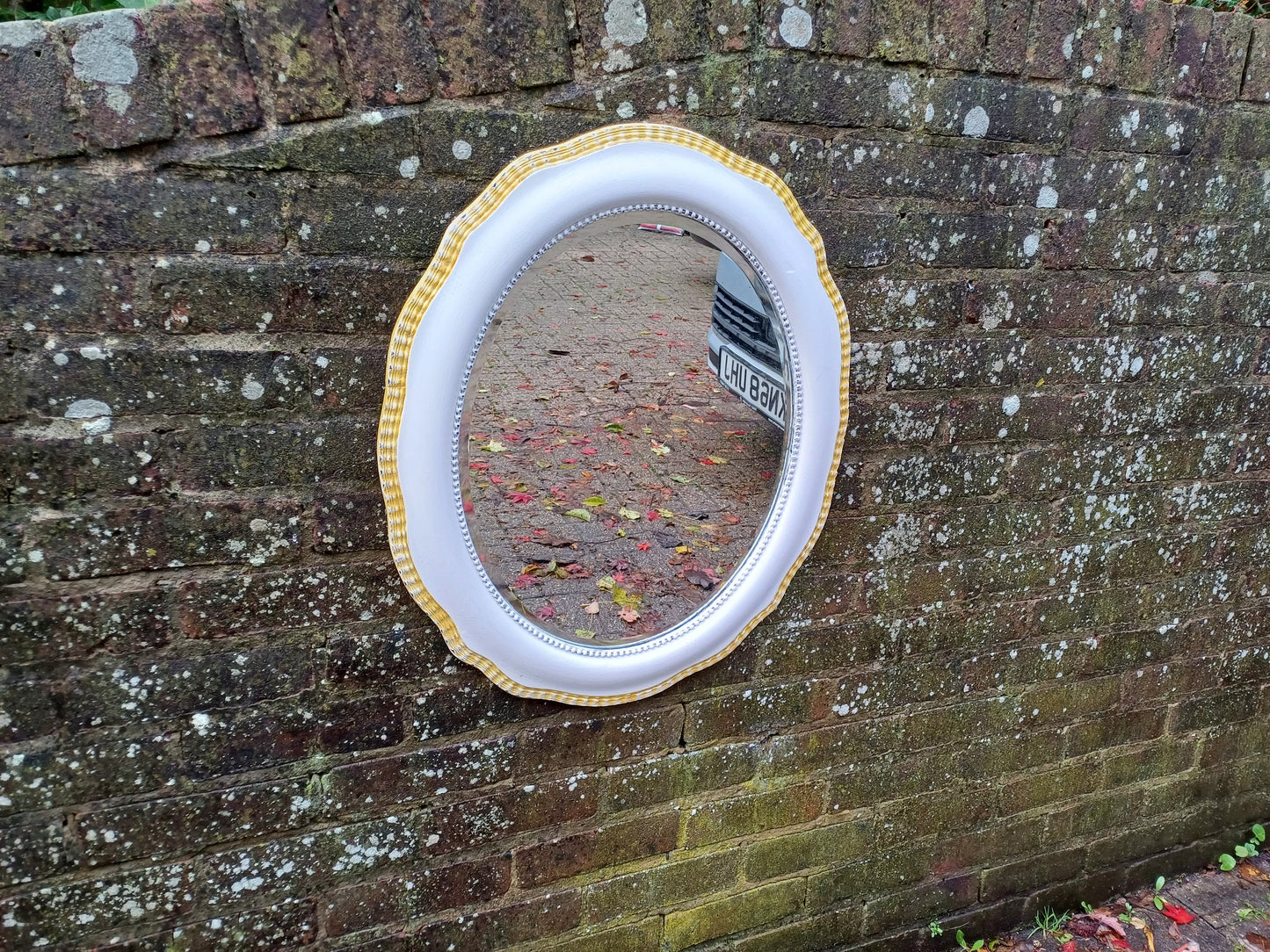 Vintage Painted Bespoke Wall Mirror in Farrow and Ball Wimborne White Gold Highlights.