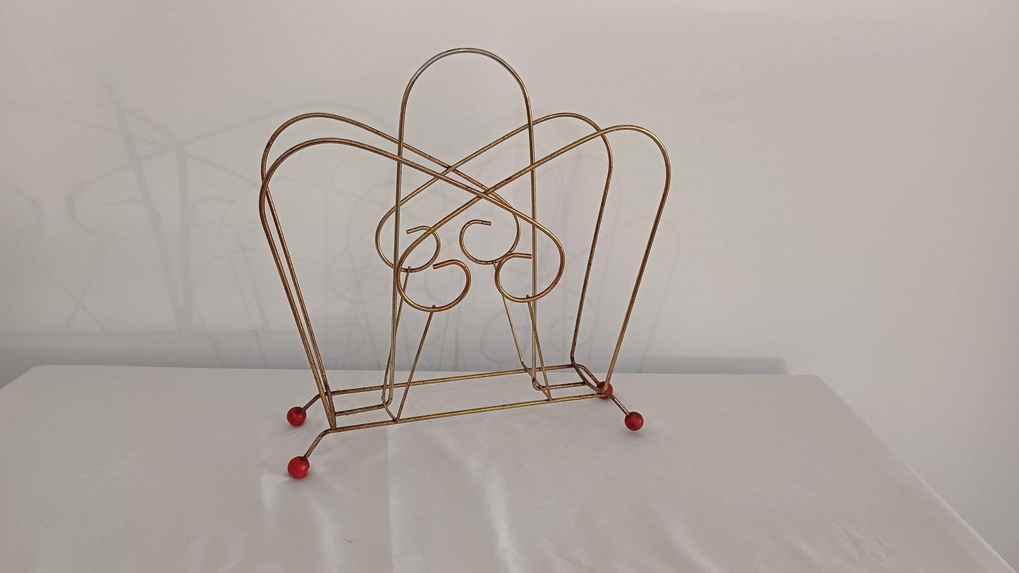 Cute Retro 1950s Gold Metal Magazine Rack With Atomic Feet.